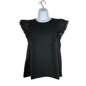 L C Lauren Conrad Eyelet Flutter Sleeve Top Black Size Small Petite